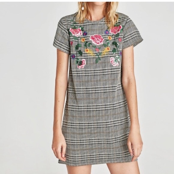 Zara Dresses & Skirts - Zara Plaid Floral Sequin Embroidered T-Shirt Dress